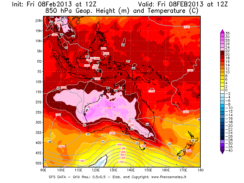 Mappa di analisi GFS - Geopotenziale [m] e Temperatura [°C] a 850 hPa in Oceania
							del 08/02/2013 12 <!--googleoff: index-->UTC<!--googleon: index-->