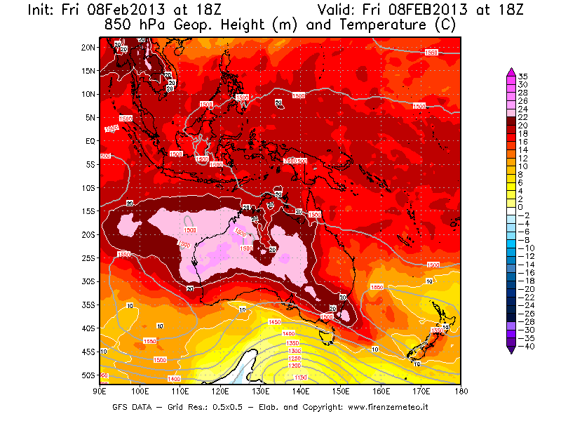 Mappa di analisi GFS - Geopotenziale [m] e Temperatura [°C] a 850 hPa in Oceania
							del 08/02/2013 18 <!--googleoff: index-->UTC<!--googleon: index-->