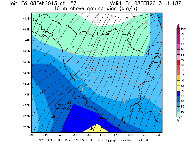 Mappa di analisi GFS - Velocità del vento a 10 metri dal suolo [km/h] in Toscana
							del 08/02/2013 18 <!--googleoff: index-->UTC<!--googleon: index-->