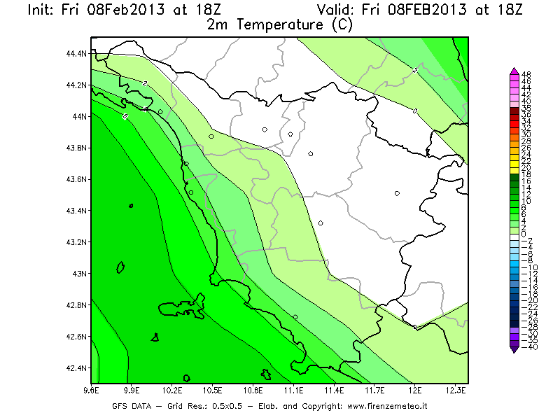 Mappa di analisi GFS - Temperatura a 2 metri dal suolo [°C] in Toscana
							del 08/02/2013 18 <!--googleoff: index-->UTC<!--googleon: index-->