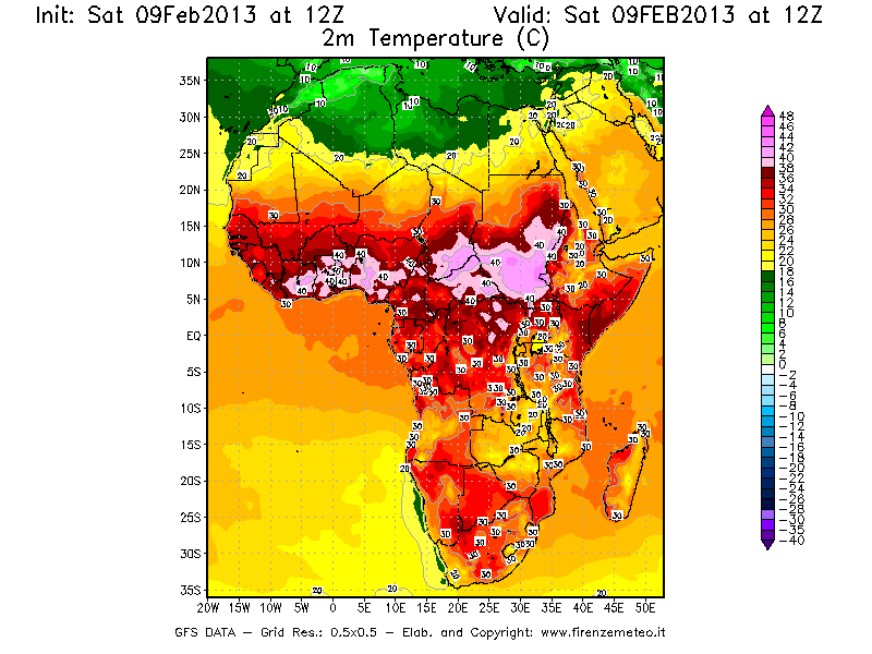 Mappa di analisi GFS - Temperatura a 2 metri dal suolo [°C] in Africa
									del 09/02/2013 12 <!--googleoff: index-->UTC<!--googleon: index-->