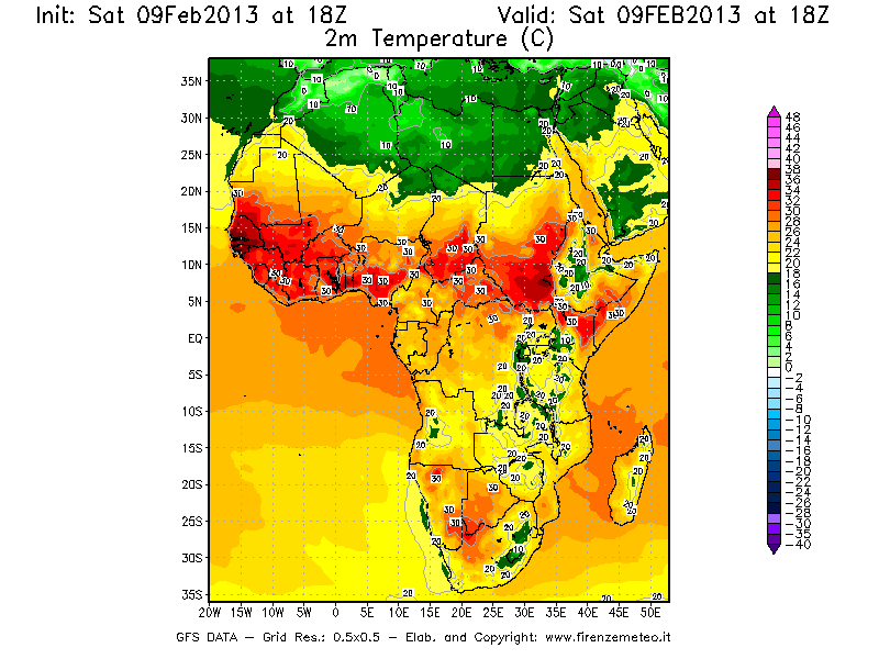 Mappa di analisi GFS - Temperatura a 2 metri dal suolo [°C] in Africa
							del 09/02/2013 18 <!--googleoff: index-->UTC<!--googleon: index-->