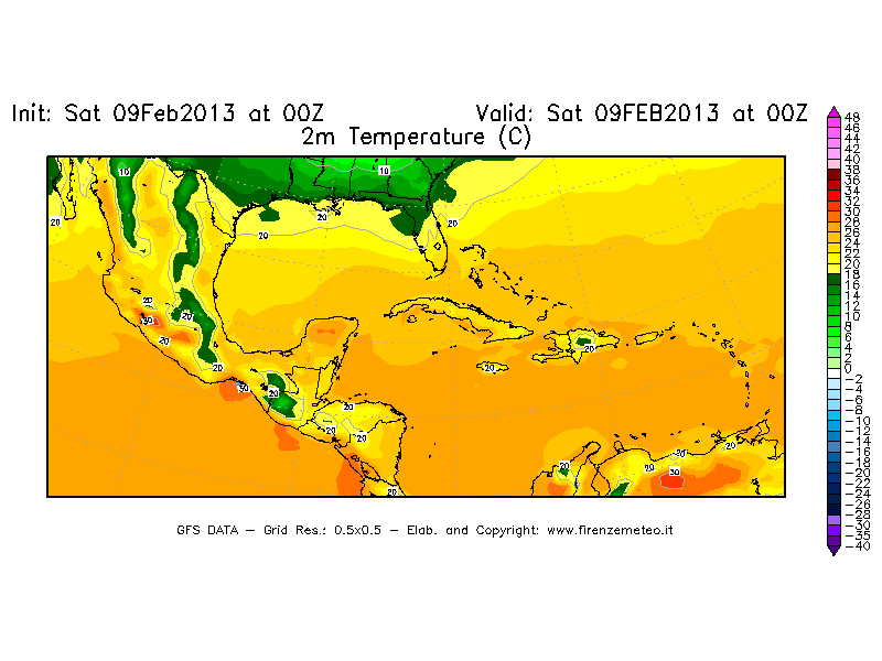 Mappa di analisi GFS - Temperatura a 2 metri dal suolo [°C] in Centro-America
							del 09/02/2013 00 <!--googleoff: index-->UTC<!--googleon: index-->