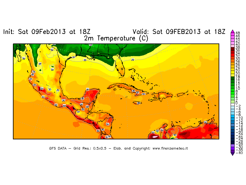 Mappa di analisi GFS - Temperatura a 2 metri dal suolo [°C] in Centro-America
							del 09/02/2013 18 <!--googleoff: index-->UTC<!--googleon: index-->