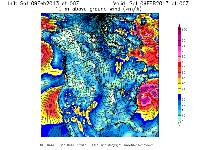 Mappa di analisi GFS - Velocità del vento a 10 metri dal suolo [km/h] in Nord-America
							del 09/02/2013 00 <!--googleoff: index-->UTC<!--googleon: index-->