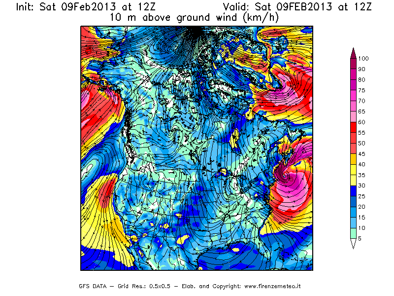 Mappa di analisi GFS - Velocità del vento a 10 metri dal suolo [km/h] in Nord-America
									del 09/02/2013 12 <!--googleoff: index-->UTC<!--googleon: index-->