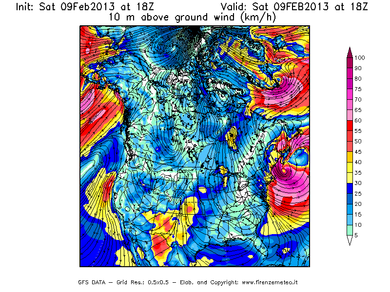 Mappa di analisi GFS - Velocità del vento a 10 metri dal suolo [km/h] in Nord-America
									del 09/02/2013 18 <!--googleoff: index-->UTC<!--googleon: index-->