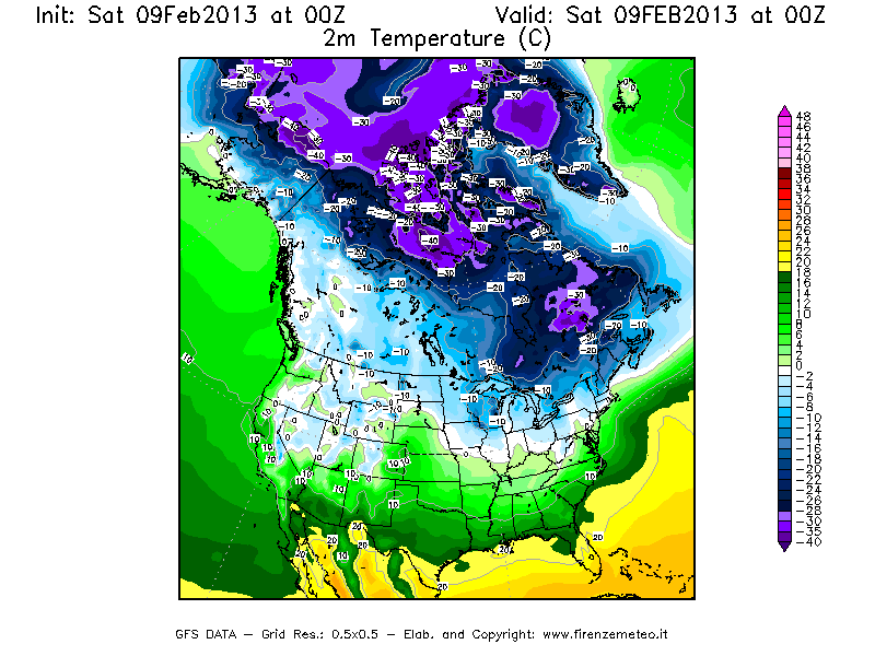 Mappa di analisi GFS - Temperatura a 2 metri dal suolo [°C] in Nord-America
							del 09/02/2013 00 <!--googleoff: index-->UTC<!--googleon: index-->