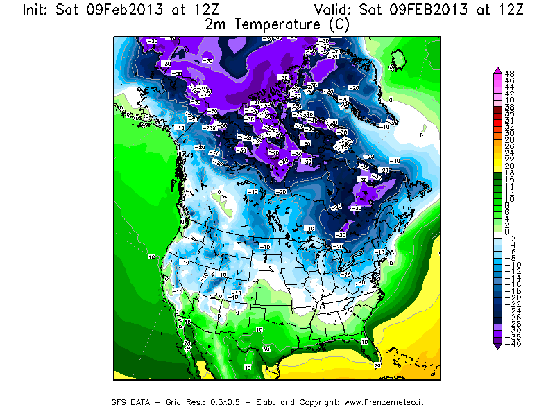Mappa di analisi GFS - Temperatura a 2 metri dal suolo [°C] in Nord-America
							del 09/02/2013 12 <!--googleoff: index-->UTC<!--googleon: index-->