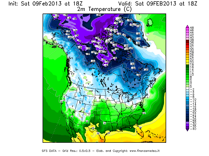 Mappa di analisi GFS - Temperatura a 2 metri dal suolo [°C] in Nord-America
							del 09/02/2013 18 <!--googleoff: index-->UTC<!--googleon: index-->