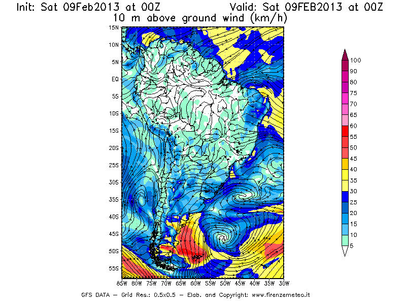 Mappa di analisi GFS - Velocità del vento a 10 metri dal suolo [km/h] in Sud-America
							del 09/02/2013 00 <!--googleoff: index-->UTC<!--googleon: index-->