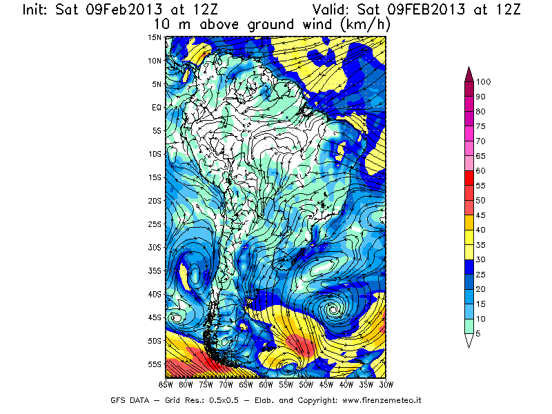 Mappa di analisi GFS - Velocità del vento a 10 metri dal suolo [km/h] in Sud-America
							del 09/02/2013 12 <!--googleoff: index-->UTC<!--googleon: index-->