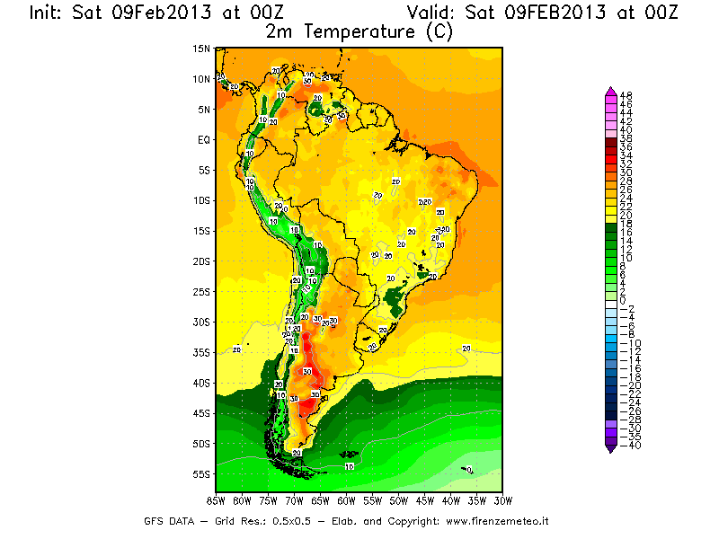 Mappa di analisi GFS - Temperatura a 2 metri dal suolo [°C] in Sud-America
									del 09/02/2013 00 <!--googleoff: index-->UTC<!--googleon: index-->