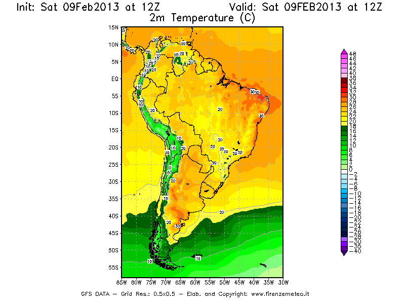 Mappa di analisi GFS - Temperatura a 2 metri dal suolo [°C] in Sud-America
									del 09/02/2013 12 <!--googleoff: index-->UTC<!--googleon: index-->