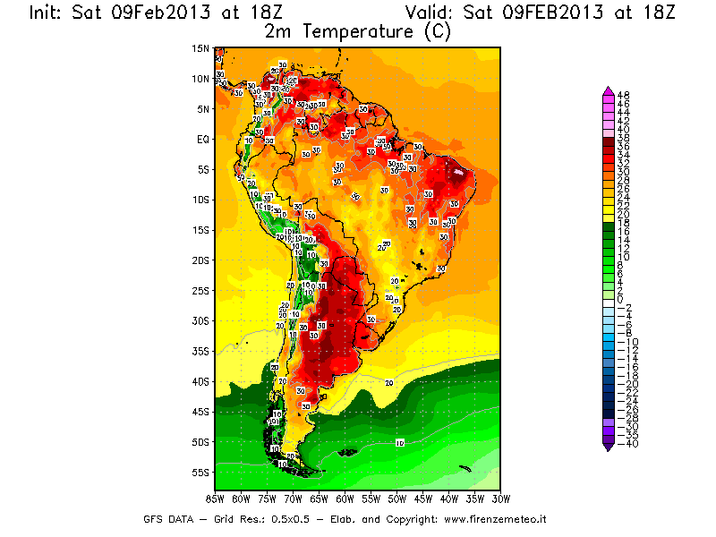 Mappa di analisi GFS - Temperatura a 2 metri dal suolo [°C] in Sud-America
									del 09/02/2013 18 <!--googleoff: index-->UTC<!--googleon: index-->