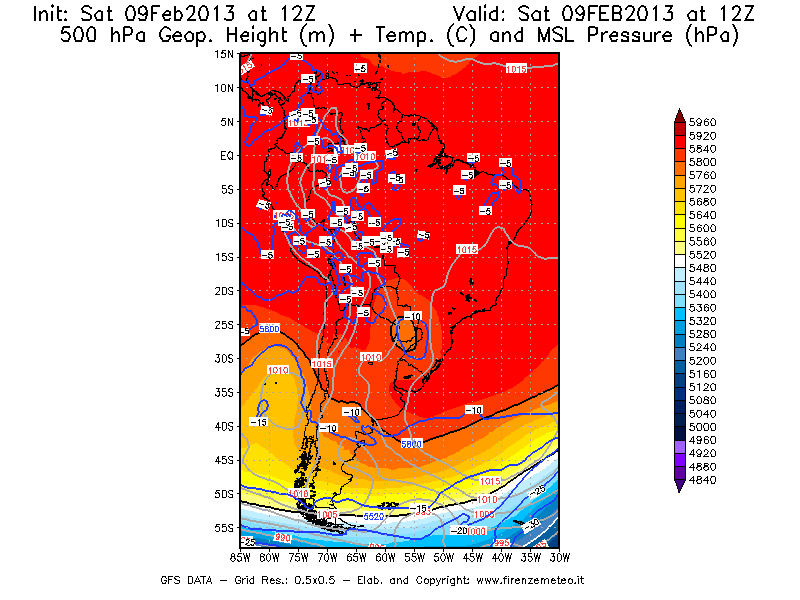 Mappa di analisi GFS - Geopotenziale [m] + Temp. [°C] a 500 hPa + Press. a livello del mare [hPa] in Sud-America
							del 09/02/2013 12 <!--googleoff: index-->UTC<!--googleon: index-->