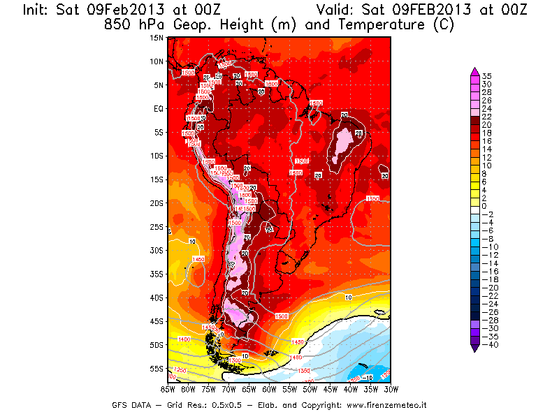 Mappa di analisi GFS - Geopotenziale [m] e Temperatura [°C] a 850 hPa in Sud-America
									del 09/02/2013 00 <!--googleoff: index-->UTC<!--googleon: index-->