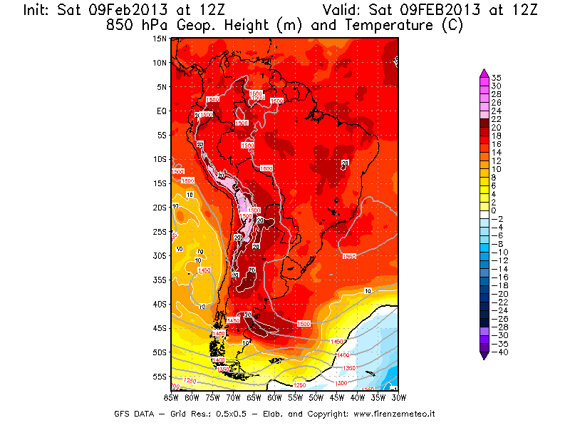 Mappa di analisi GFS - Geopotenziale [m] e Temperatura [°C] a 850 hPa in Sud-America
									del 09/02/2013 12 <!--googleoff: index-->UTC<!--googleon: index-->