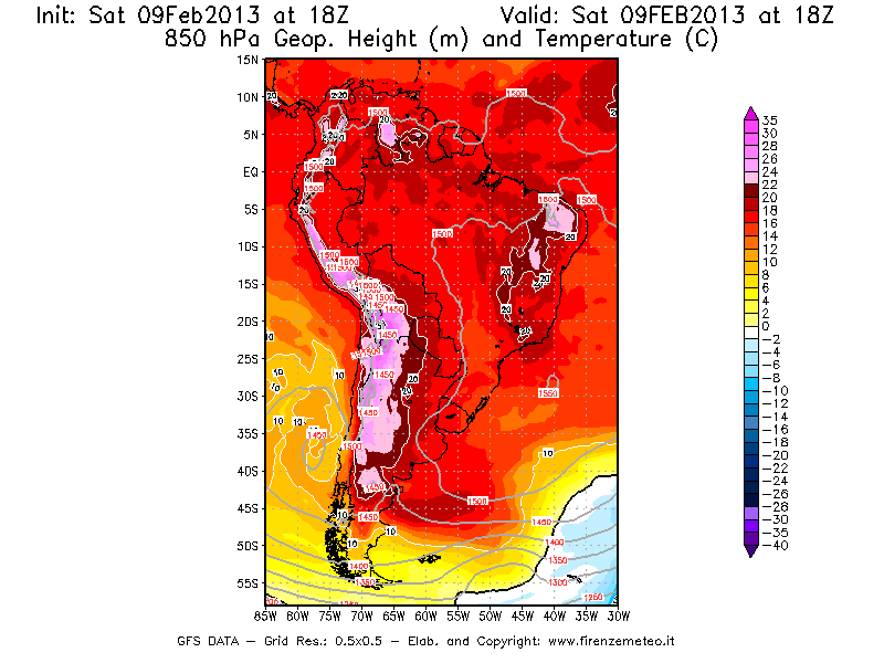 Mappa di analisi GFS - Geopotenziale [m] e Temperatura [°C] a 850 hPa in Sud-America
									del 09/02/2013 18 <!--googleoff: index-->UTC<!--googleon: index-->