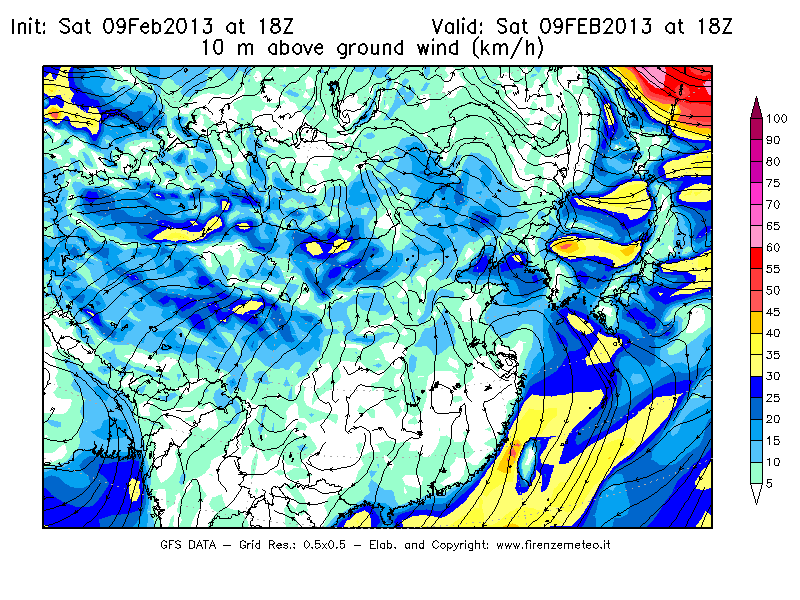 Mappa di analisi GFS - Velocità del vento a 10 metri dal suolo [km/h] in Asia Orientale
							del 09/02/2013 18 <!--googleoff: index-->UTC<!--googleon: index-->