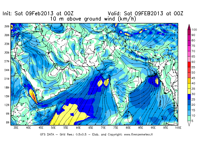 Mappa di analisi GFS - Velocità del vento a 10 metri dal suolo [km/h] in Asia Sud-Occidentale
									del 09/02/2013 00 <!--googleoff: index-->UTC<!--googleon: index-->