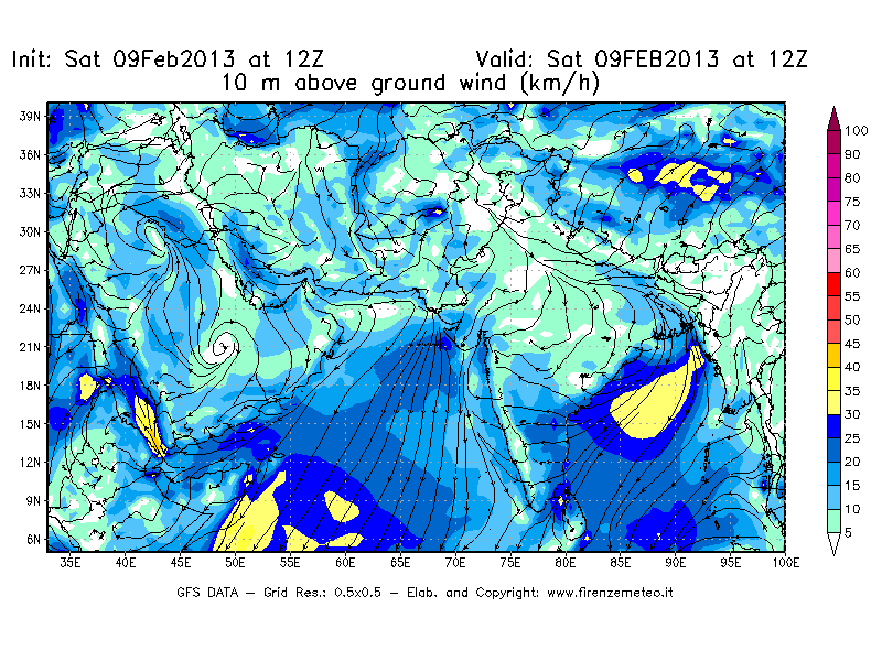 Mappa di analisi GFS - Velocità del vento a 10 metri dal suolo [km/h] in Asia Sud-Occidentale
									del 09/02/2013 12 <!--googleoff: index-->UTC<!--googleon: index-->