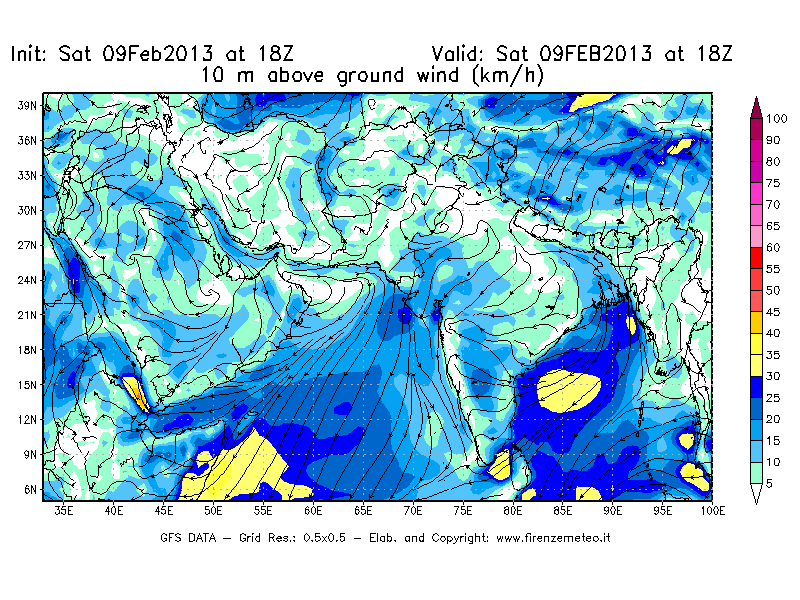 Mappa di analisi GFS - Velocità del vento a 10 metri dal suolo [km/h] in Asia Sud-Occidentale
							del 09/02/2013 18 <!--googleoff: index-->UTC<!--googleon: index-->