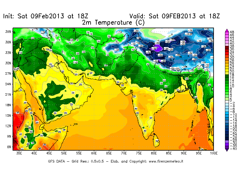 Mappa di analisi GFS - Temperatura a 2 metri dal suolo [°C] in Asia Sud-Occidentale
									del 09/02/2013 18 <!--googleoff: index-->UTC<!--googleon: index-->