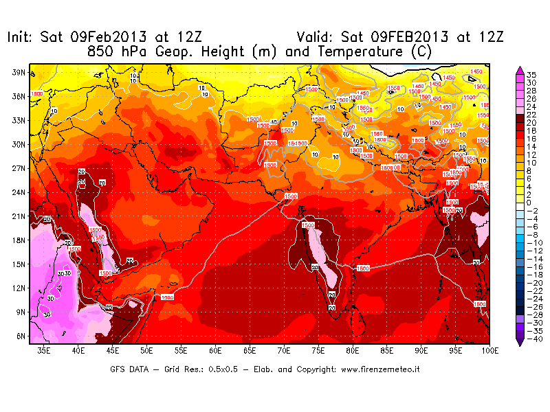 Mappa di analisi GFS - Geopotenziale [m] e Temperatura [°C] a 850 hPa in Asia Sud-Occidentale
							del 09/02/2013 12 <!--googleoff: index-->UTC<!--googleon: index-->