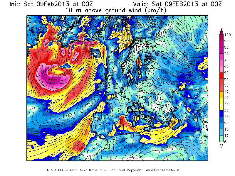 Mappa di analisi GFS - Velocità del vento a 10 metri dal suolo [km/h] in Europa
									del 09/02/2013 00 <!--googleoff: index-->UTC<!--googleon: index-->
