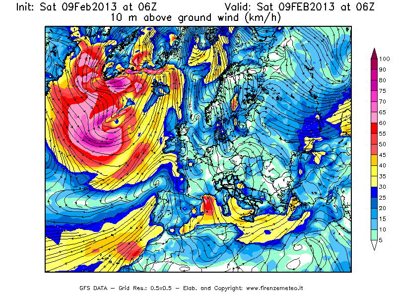 Mappa di analisi GFS - Velocità del vento a 10 metri dal suolo [km/h] in Europa
							del 09/02/2013 06 <!--googleoff: index-->UTC<!--googleon: index-->