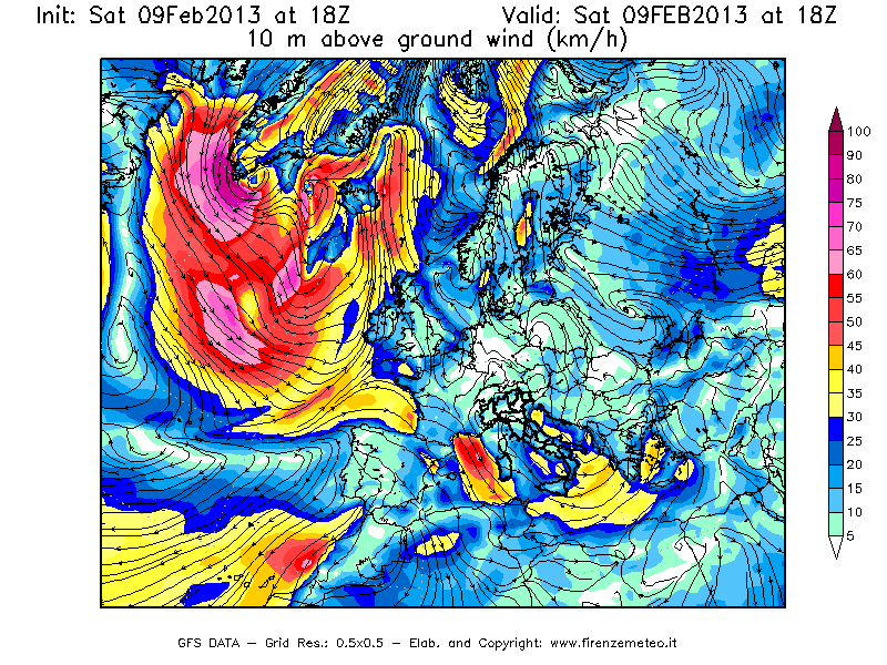 Mappa di analisi GFS - Velocità del vento a 10 metri dal suolo [km/h] in Europa
									del 09/02/2013 18 <!--googleoff: index-->UTC<!--googleon: index-->