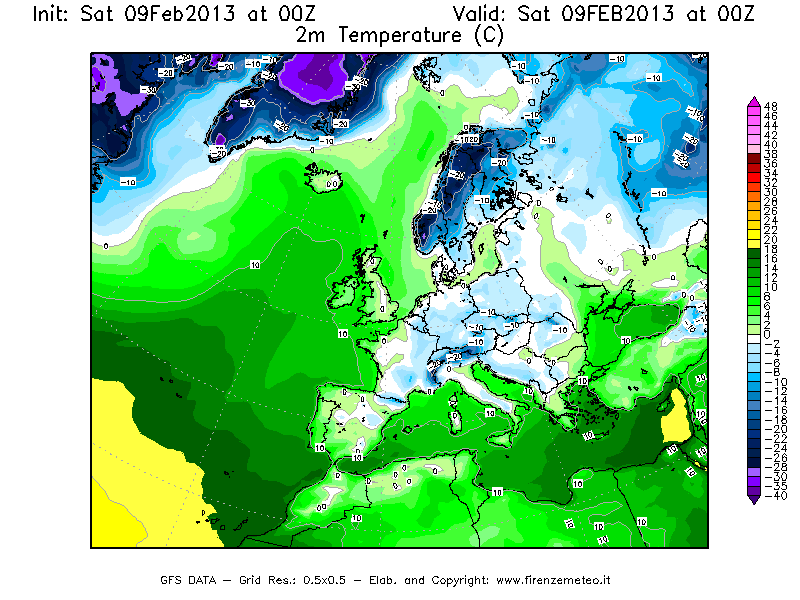 Mappa di analisi GFS - Temperatura a 2 metri dal suolo [°C] in Europa
									del 09/02/2013 00 <!--googleoff: index-->UTC<!--googleon: index-->