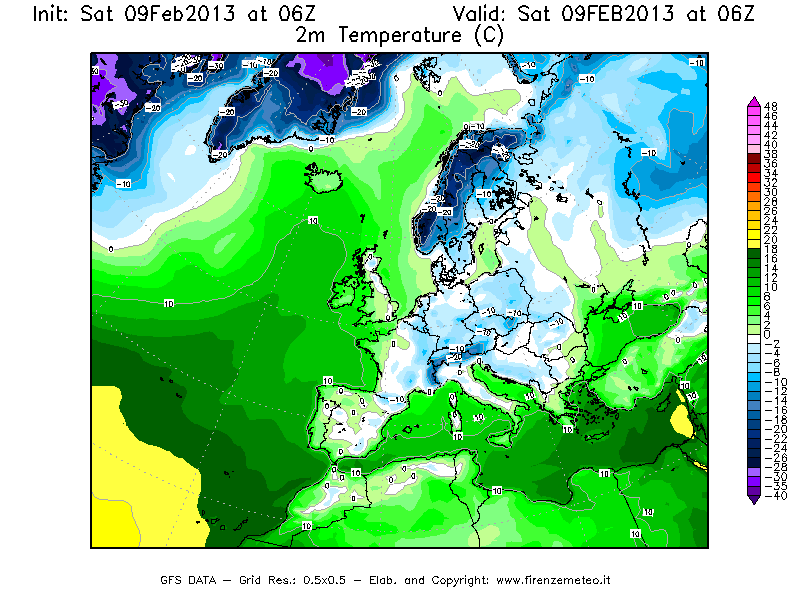 Mappa di analisi GFS - Temperatura a 2 metri dal suolo [°C] in Europa
							del 09/02/2013 06 <!--googleoff: index-->UTC<!--googleon: index-->