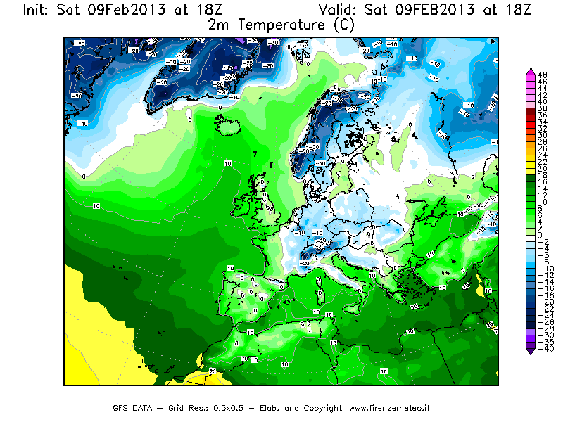 Mappa di analisi GFS - Temperatura a 2 metri dal suolo [°C] in Europa
									del 09/02/2013 18 <!--googleoff: index-->UTC<!--googleon: index-->