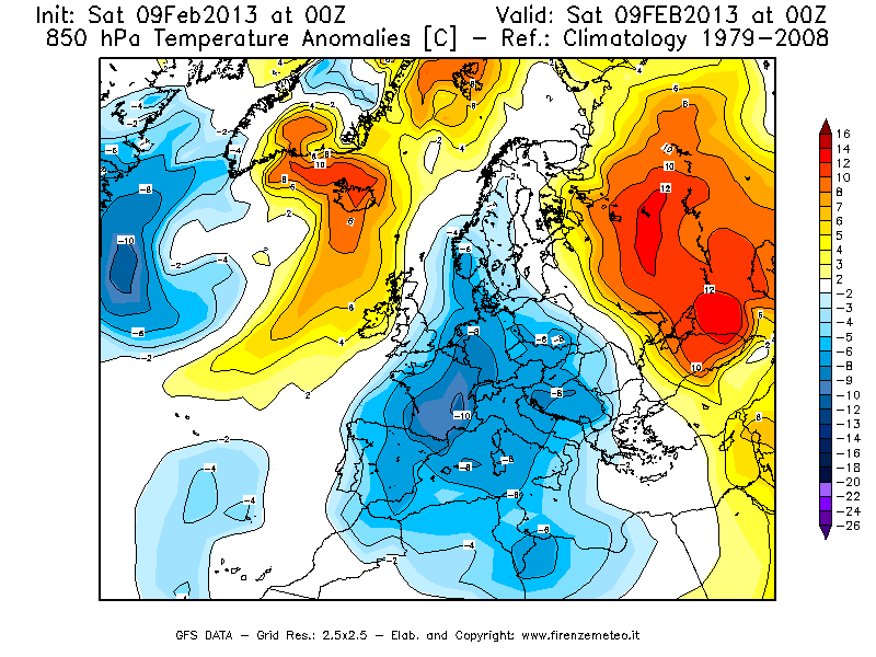 Mappa di analisi GFS - Anomalia Temperatura [°C] a 850 hPa in Europa
							del 09/02/2013 00 <!--googleoff: index-->UTC<!--googleon: index-->