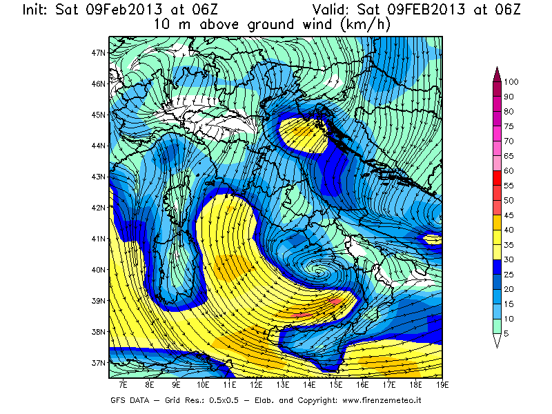 Mappa di analisi GFS - Velocità del vento a 10 metri dal suolo [km/h] in Italia
									del 09/02/2013 06 <!--googleoff: index-->UTC<!--googleon: index-->