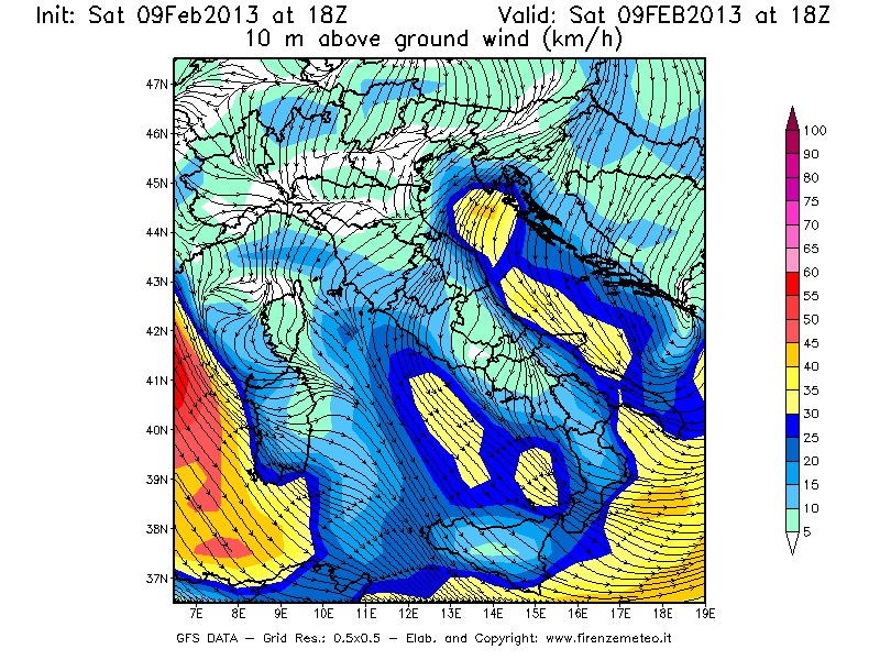 Mappa di analisi GFS - Velocità del vento a 10 metri dal suolo [km/h] in Italia
									del 09/02/2013 18 <!--googleoff: index-->UTC<!--googleon: index-->