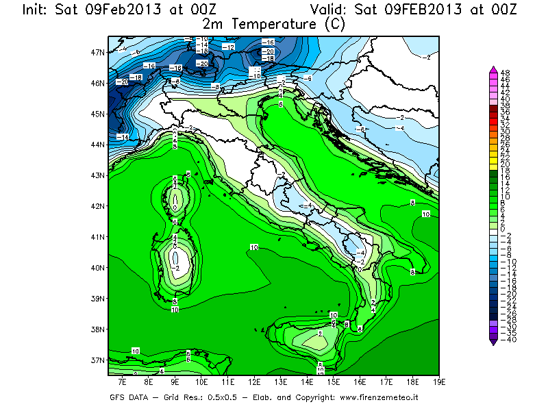 Mappa di analisi GFS - Temperatura a 2 metri dal suolo [°C] in Italia
							del 09/02/2013 00 <!--googleoff: index-->UTC<!--googleon: index-->