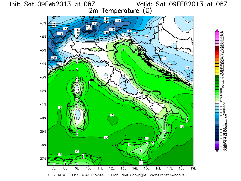 Mappa di analisi GFS - Temperatura a 2 metri dal suolo [°C] in Italia
									del 09/02/2013 06 <!--googleoff: index-->UTC<!--googleon: index-->