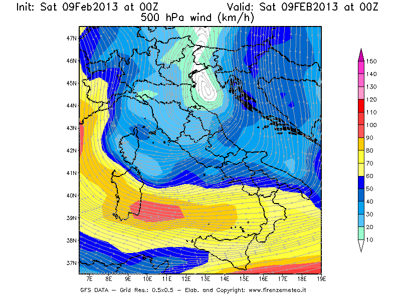 Mappa di analisi GFS - Velocità del vento a 500 hPa [km/h] in Italia
							del 09/02/2013 00 <!--googleoff: index-->UTC<!--googleon: index-->