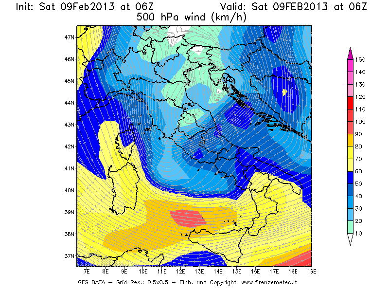 Mappa di analisi GFS - Velocità del vento a 500 hPa [km/h] in Italia
									del 09/02/2013 06 <!--googleoff: index-->UTC<!--googleon: index-->