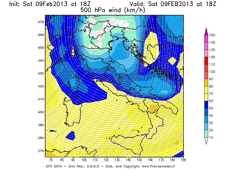 Mappa di analisi GFS - Velocità del vento a 500 hPa [km/h] in Italia
									del 09/02/2013 18 <!--googleoff: index-->UTC<!--googleon: index-->