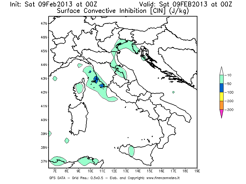 Mappa di analisi GFS - CIN [J/kg] in Italia
									del 09/02/2013 00 <!--googleoff: index-->UTC<!--googleon: index-->