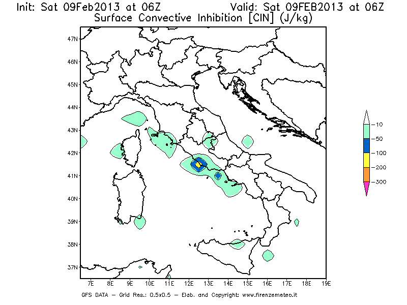 Mappa di analisi GFS - CIN [J/kg] in Italia
									del 09/02/2013 06 <!--googleoff: index-->UTC<!--googleon: index-->
