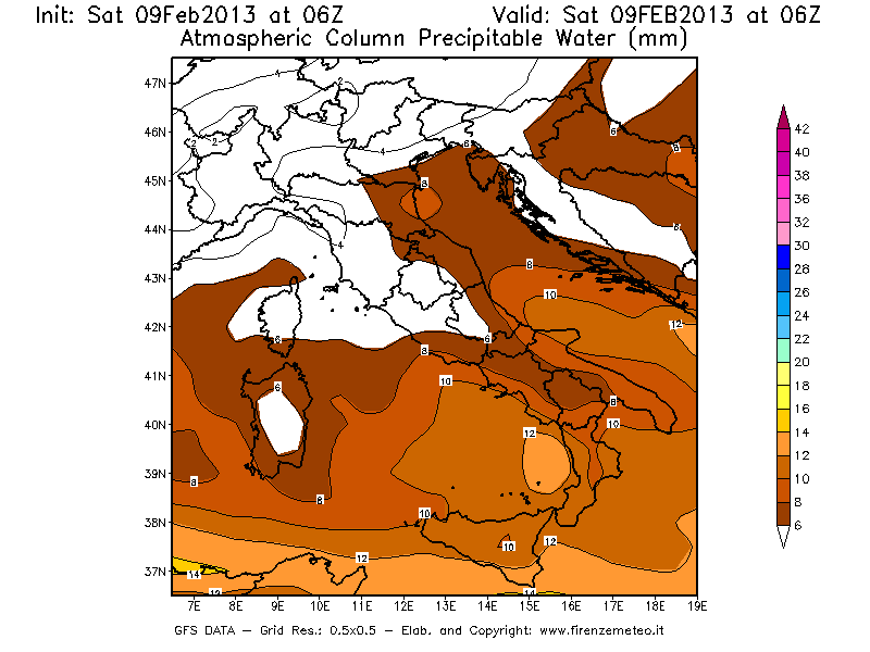 Mappa di analisi GFS - Precipitable Water [mm] in Italia
							del 09/02/2013 06 <!--googleoff: index-->UTC<!--googleon: index-->
