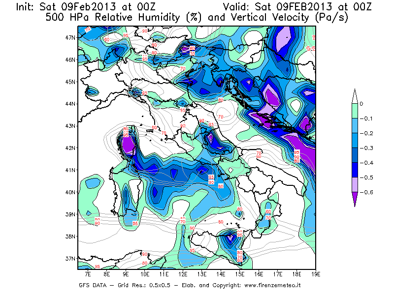 Mappa di analisi GFS - Umidità relativa [%] e Omega [Pa/s] a 500 hPa in Italia
									del 09/02/2013 00 <!--googleoff: index-->UTC<!--googleon: index-->
