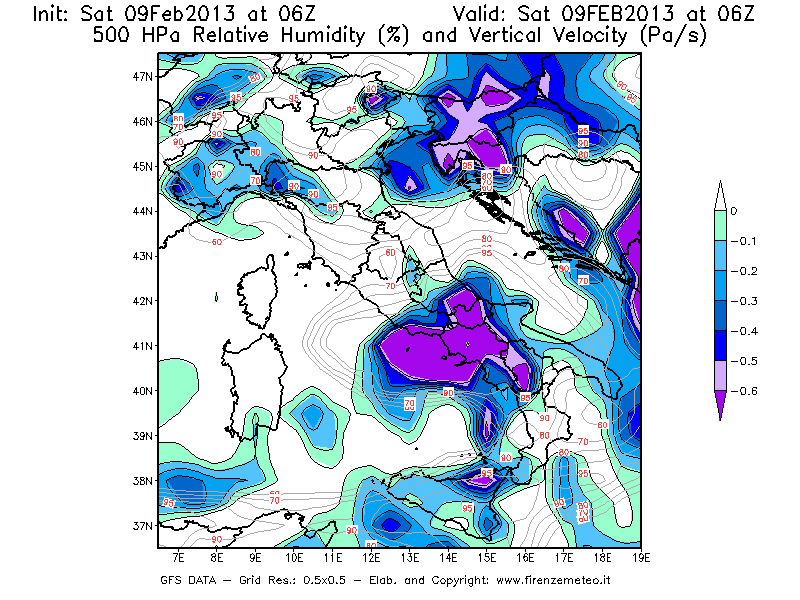 Mappa di analisi GFS - Umidità relativa [%] e Omega [Pa/s] a 500 hPa in Italia
									del 09/02/2013 06 <!--googleoff: index-->UTC<!--googleon: index-->