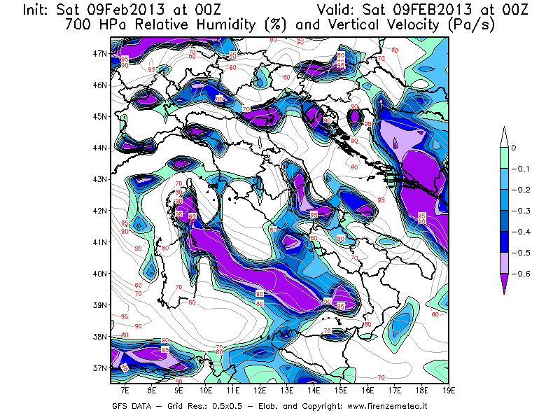 Mappa di analisi GFS - Umidità relativa [%] e Omega [Pa/s] a 700 hPa in Italia
									del 09/02/2013 00 <!--googleoff: index-->UTC<!--googleon: index-->