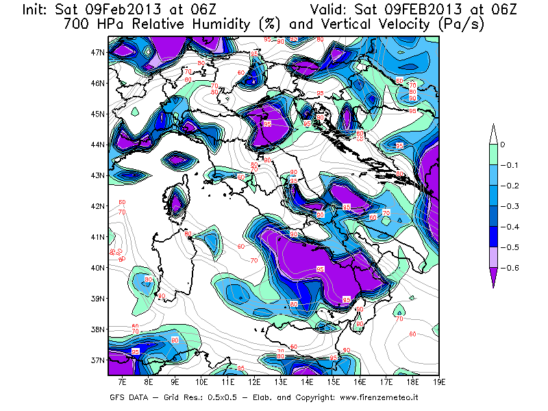 Mappa di analisi GFS - Umidità relativa [%] e Omega [Pa/s] a 700 hPa in Italia
									del 09/02/2013 06 <!--googleoff: index-->UTC<!--googleon: index-->